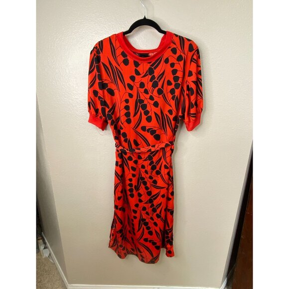 Who What Wear Womens Red Midi Dress Black Leaf Print Size S Belted Polyester - Picture 2 of 7